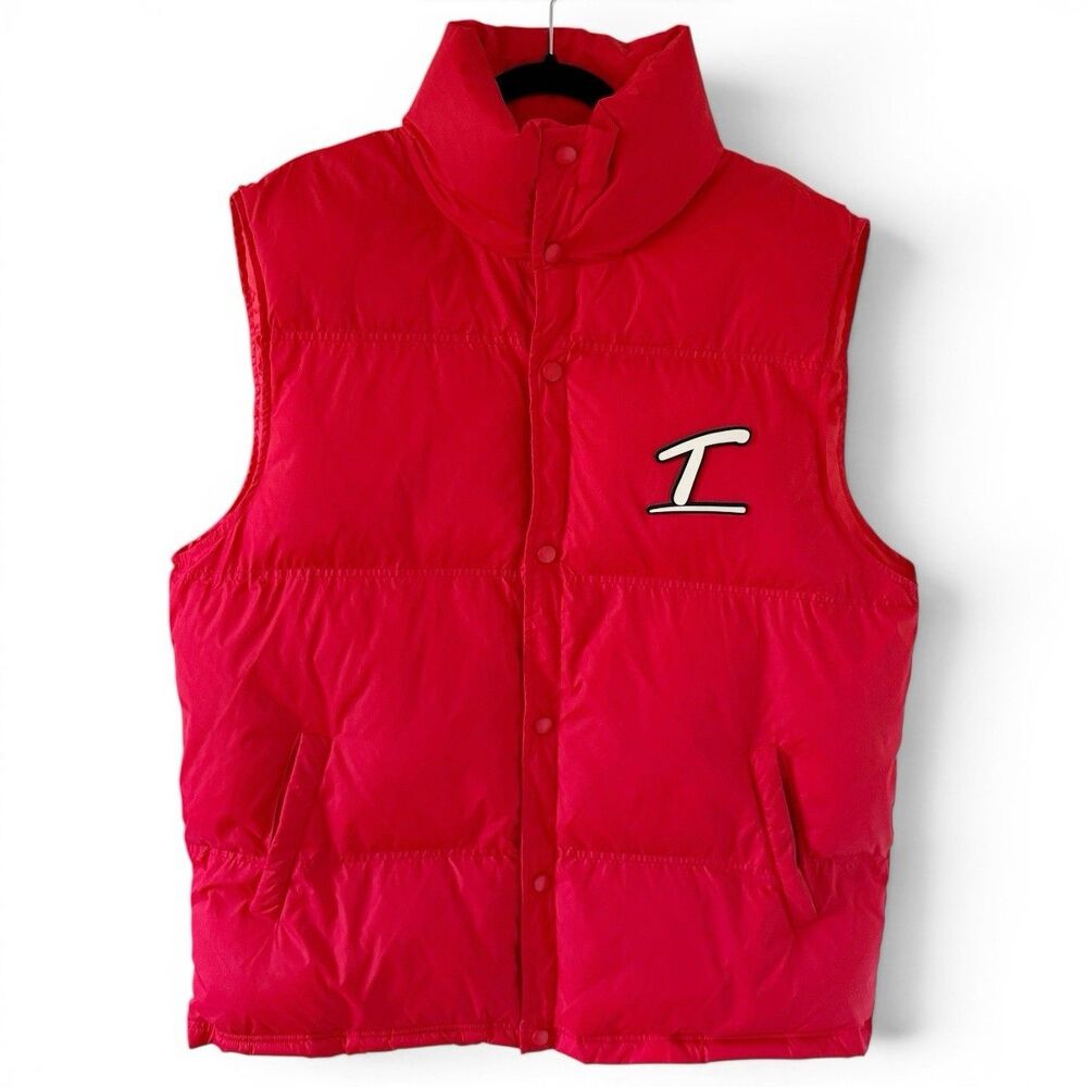 Tulones Men's Red Puffer Vest Jacket Quilted Pockets Size XL Nylon Logo